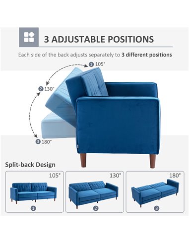 HOMCOM Modern Convertible Sofa Futon Velvet-Touch Tufted Couch Compact Loveseat with Adjustable Split Back, Blue 839-076V73BU