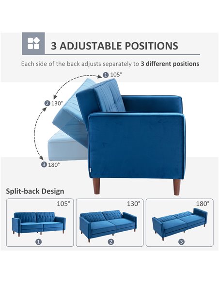 HOMCOM Modern Convertible Sofa Futon Velvet-Touch Tufted Couch Compact Loveseat with Adjustable Split Back, Blue 839-076V73BU - pic 42928 | FastDaddyshop