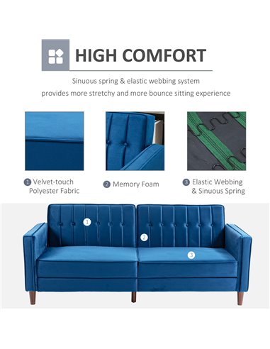 HOMCOM Modern Convertible Sofa Futon Velvet-Touch Tufted Couch Compact Loveseat with Adjustable Split Back, Blue 839-076V73BU