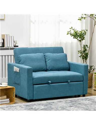 HOMCOM Loveseat Sofa Bed, Convertible Bed Settee with 2 Cushions, Side Pockets for Living Room, Blue 839-900V70BU