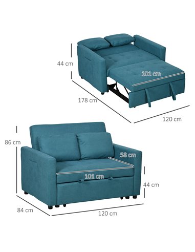 HOMCOM Loveseat Sofa Bed, Convertible Bed Settee with 2 Cushions, Side Pockets for Living Room, Blue 839-900V70BU