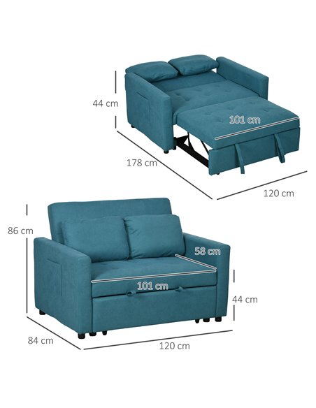 HOMCOM Loveseat Sofa Bed, Convertible Bed Settee with 2 Cushions, Side Pockets for Living Room, Blue 839-900V70BU - pic 42935 | FastDaddyshop