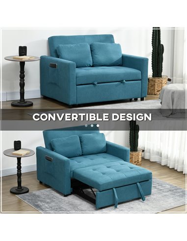 HOMCOM Loveseat Sofa Bed, Convertible Bed Settee with 2 Cushions, Side Pockets for Living Room, Blue 839-900V70BU