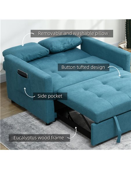HOMCOM Loveseat Sofa Bed, Convertible Bed Settee with 2 Cushions, Side Pockets for Living Room, Blue 839-900V70BU - pic 42939 | FastDaddyshop