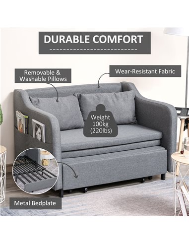 HOMCOM 2 Seater Sofa Bed, Pull Out Sofa Bed with Pillows and Side Pockets, Convertible Sleeper Couch for Living Room, Grey 839-0