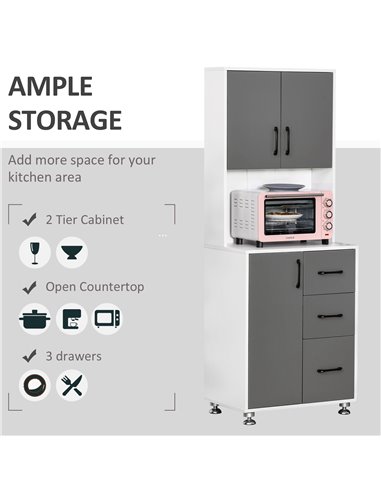 HOMCOM Modern Kitchen Cupboard with Storage Cabinets, 3 Drawers and Open Countertop for Living Room, Grey 835-341