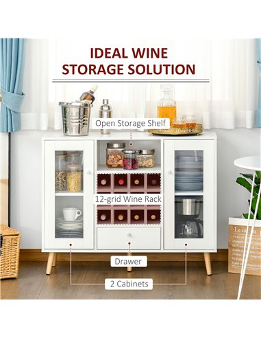 HOMCOM Modern Sideboard Storage Cabinet Kitchen Cupboard Dining Bar Server with Glass Doors, Drawer & 12-Bottle Wine Rack for Li