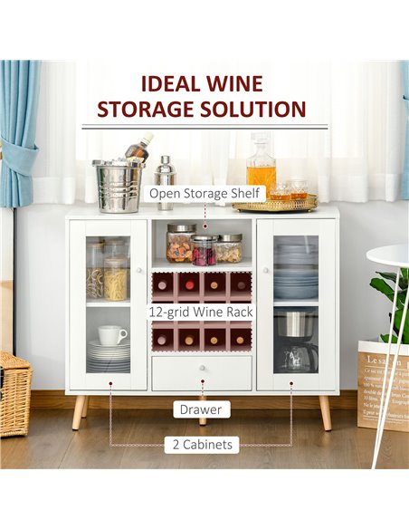 HOMCOM Modern Sideboard Storage Cabinet Kitchen Cupboard Dining Bar Server with Glass Doors, Drawer & 12-Bottle Wine Rack for Li - pic 43027 | FastDaddyshop