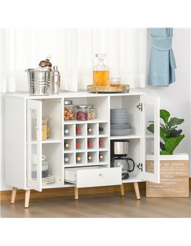 HOMCOM Modern Sideboard Storage Cabinet Kitchen Cupboard Dining Bar Server with Glass Doors, Drawer & 12-Bottle Wine Rack for Li