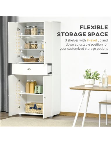 HOMCOM Freestanding Tall Kitchen Cupboard Storage Cabinets with Drawer and 3 Adjustable Shelves for Dining Room, Living Room, Wh