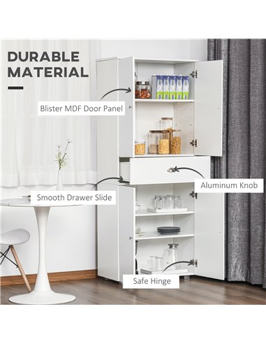 HOMCOM Freestanding Tall Kitchen Cupboard Storage Cabinets with Drawer and 3 Adjustable Shelves for Dining Room, Living Room, Wh