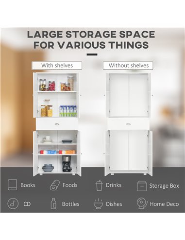 HOMCOM Freestanding Tall Kitchen Cupboard Storage Cabinets with Drawer and 3 Adjustable Shelves for Dining Room, Living Room, Wh
