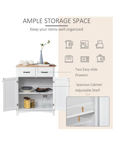 HOMCOM Modern Organising Kitchen Cupboard, Wooden Storage Cabinet, Tableware Organizer with 2 Drawers for Living & Dining Pantry