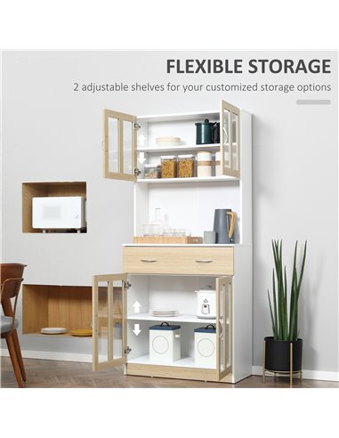 HOMCOM Modern Kitchen Cupboard, Freestanding Storage Cabinet Hutch with Central Drawer, 2 Glass Door Cabinets and Countertop,180
