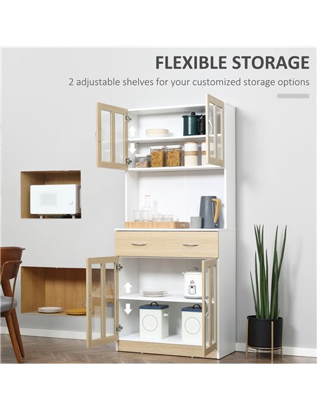 HOMCOM Modern Kitchen Cupboard, Freestanding Storage Cabinet Hutch with Central Drawer, 2 Glass Door Cabinets and Countertop,180 - pic 43099 | FastDaddyshop