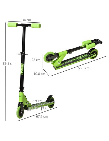 HOMCOM Scooter for Kids Toddler Foldable Kick Scooter with Adjustable Height Brake for Boys and Girls 3-8 Years Aluminium Green