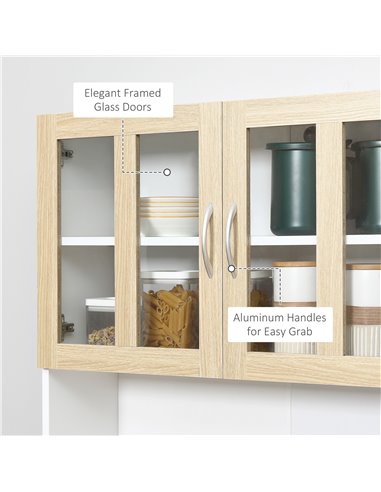 HOMCOM Modern Kitchen Cupboard, Freestanding Storage Cabinet Hutch with Central Drawer, 2 Glass Door Cabinets and Countertop,180