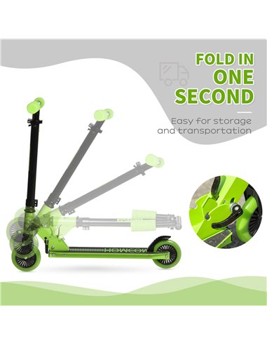 HOMCOM Scooter for Kids Toddler Foldable Kick Scooter with Adjustable Height Brake for Boys and Girls 3-8 Years Aluminium Green