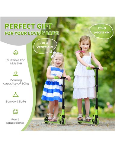 HOMCOM Scooter for Kids Toddler Foldable Kick Scooter with Adjustable Height Brake for Boys and Girls 3-8 Years Aluminium Green