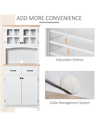 HOMCOM Freestanding Kitchen Cupboard, Kitchen Storage Cabinet with Framed Glass Doors, 2 Drawers, Microwave Counter, White 835-2