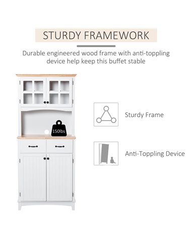 HOMCOM Freestanding Kitchen Cupboard, Kitchen Storage Cabinet with Framed Glass Doors, 2 Drawers, Microwave Counter, White 835-2