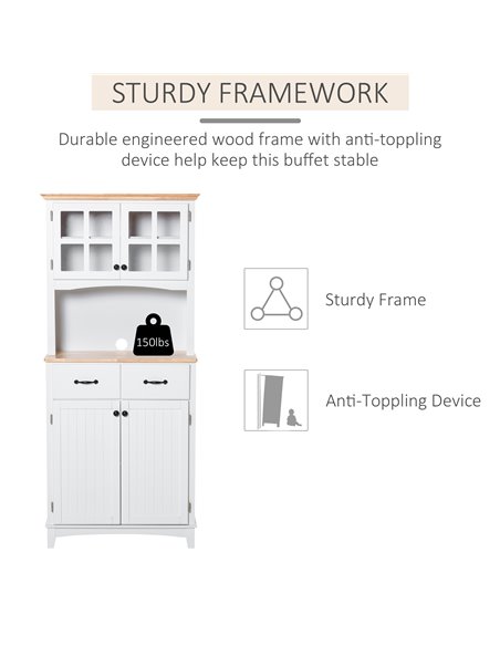 HOMCOM Freestanding Kitchen Cupboard, Kitchen Storage Cabinet with Framed Glass Doors, 2 Drawers, Microwave Counter, White 835-2 - pic 43127 | FastDaddyshop
