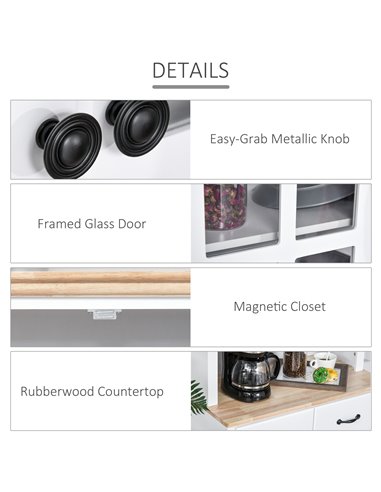 HOMCOM Freestanding Kitchen Cupboard, Kitchen Storage Cabinet with Framed Glass Doors, 2 Drawers, Microwave Counter, White 835-2
