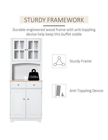 HOMCOM Modern Kitchen Cupboard, Louvered Kitchen Storage Cabinet with Framed Glass Doors and 2 Drawers, White 835-276