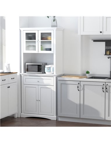 HOMCOM Kitchen Cupboard, Freestanding Storage Cabinet with Glass Doors, Adjustable Shelves, and Open Counter, White 835-220WT