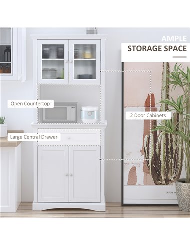 HOMCOM Kitchen Cupboard, Freestanding Storage Cabinet with Glass Doors, Adjustable Shelves, and Open Counter, White 835-220WT