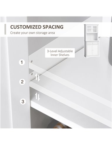 HOMCOM Kitchen Cupboard, Freestanding Storage Cabinet with Glass Doors, Adjustable Shelves, and Open Counter, White 835-220WT