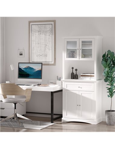 HOMCOM Kitchen Cupboard, Freestanding Storage Cabinet with Glass Doors, Adjustable Shelves, and Open Counter, White 835-220WT