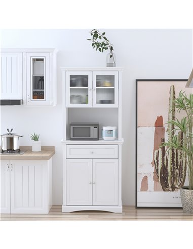 HOMCOM Kitchen Cupboard, Freestanding Storage Cabinet with Glass Doors, Adjustable Shelves, and Open Counter, White 835-220WT