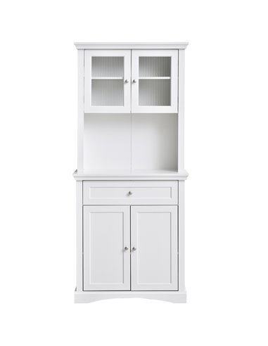HOMCOM Kitchen Cupboard, Freestanding Storage Cabinet with Glass Doors, Adjustable Shelves, and Open Counter, White 835-220WT