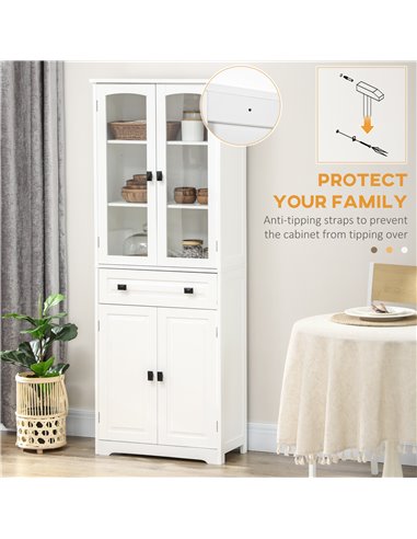 HOMCOM Kitchen Cupboard, Freestanding Storage Cabinet with 2 Adjustable Shelves, Drawer and Glass Door for Living Room, Dining R
