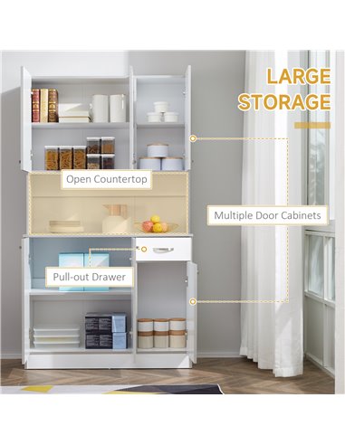 HOMCOM Kitchen Cupboard, Freestanding Kitchen Storage Cabinet with 6 Doors, Drawer, Adjustable Shelves and Open Countertop for D