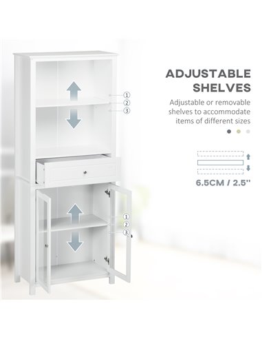 HOMCOM Kitchen Cupboard, Pantry Storage Cabinet w/ Tempered Glass Doors, Drawer, Open Shelf, Adjustable Shelves, 181.5 cm, White