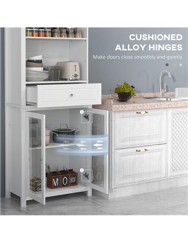 HOMCOM Kitchen Cupboard, Pantry Storage Cabinet w/ Tempered Glass Doors, Drawer, Open Shelf, Adjustable Shelves, 181.5 cm, White