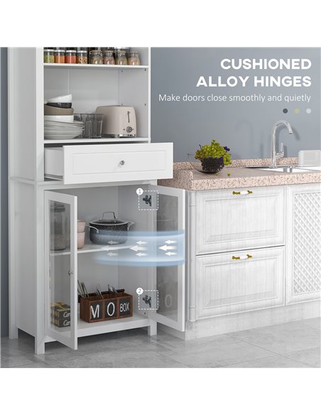 HOMCOM Kitchen Cupboard, Pantry Storage Cabinet w/ Tempered Glass Doors, Drawer, Open Shelf, Adjustable Shelves, 181.5 cm, White - pic 43344 | FastDaddyshop