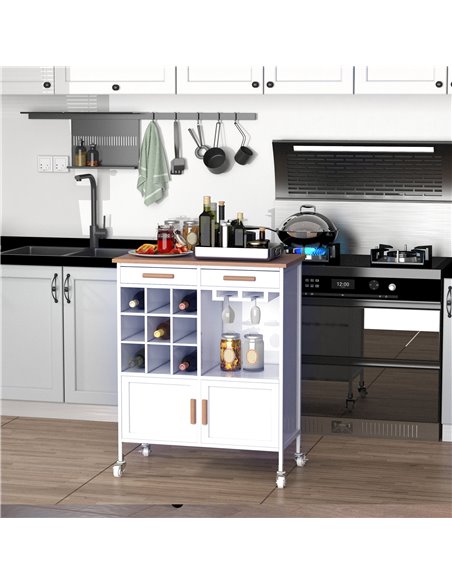 HOMCOM Rolling Kitchen Cart Sideboard Storage Cabinet Trolley, White & Pine 801-008WT - pic 43356 | FastDaddyshop