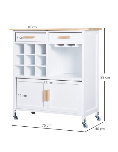 HOMCOM Rolling Kitchen Cart Sideboard Storage Cabinet Trolley, White & Pine 801-008WT