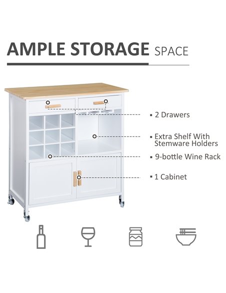 HOMCOM Rolling Kitchen Cart Sideboard Storage Cabinet Trolley, White & Pine 801-008WT - pic 43359 | FastDaddyshop
