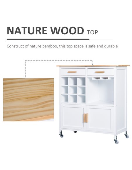 HOMCOM Rolling Kitchen Cart Sideboard Storage Cabinet Trolley, White & Pine 801-008WT - pic 43360 | FastDaddyshop
