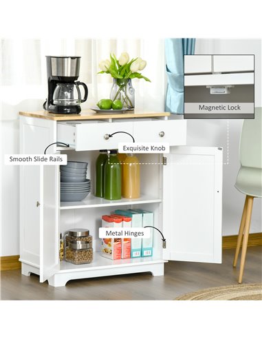 HOMCOM Kitchen Floor Cabinet Side Storage Cupboard Multi-use Sideboard Table with Solid Wood Top, Adjustable Shelf Drawer for Di