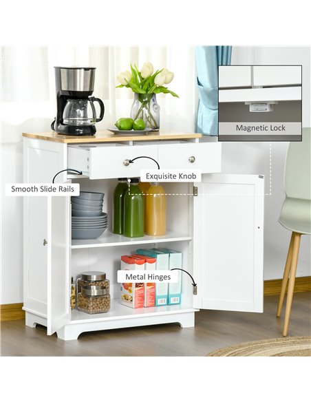 HOMCOM Kitchen Floor Cabinet Side Storage Cupboard Multi-use Sideboard Table with Solid Wood Top, Adjustable Shelf Drawer for Di - pic 43407 | FastDaddyshop