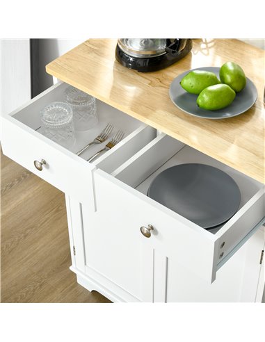 HOMCOM Kitchen Floor Cabinet Side Storage Cupboard Multi-use Sideboard Table with Solid Wood Top, Adjustable Shelf Drawer for Di