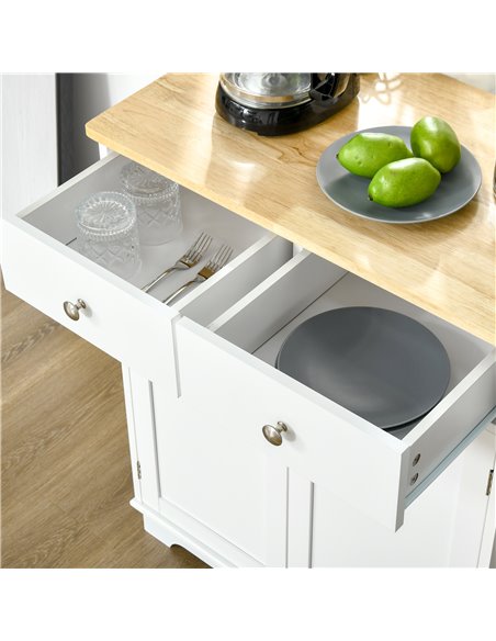 HOMCOM Kitchen Floor Cabinet Side Storage Cupboard Multi-use Sideboard Table with Solid Wood Top, Adjustable Shelf Drawer for Di - pic 43408 | FastDaddyshop