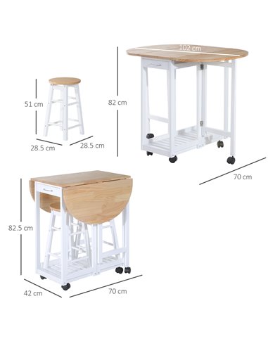 HOMCOM 3PC Wooden Kitchen Cart Mobile Rolling Trolley, Pine Wood Colour 801-019