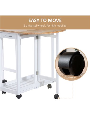 HOMCOM 3PC Wooden Kitchen Cart Mobile Rolling Trolley Folding Bar Table Two Stools Dining Chair Storage Shelf w/2 Drawers & 6 Wh