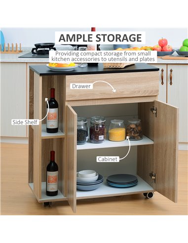 HOMCOM Kitchen Storage Trolley Cart Cupboard Rolling Island Shelves Cabinet With Door and Drawer Locking Wheels 801-078